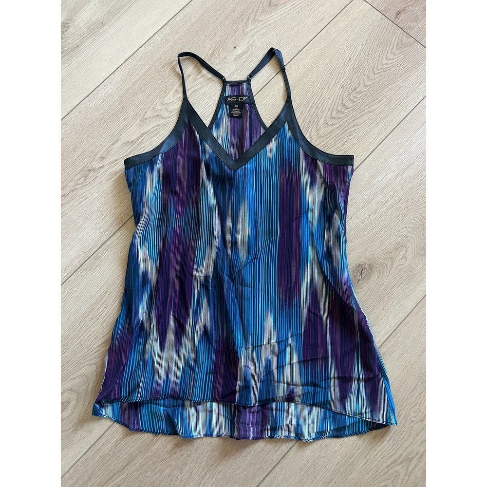 AS by DF Silk Camisole Top‎ XS Black Leather Trim Blue Purple Striped